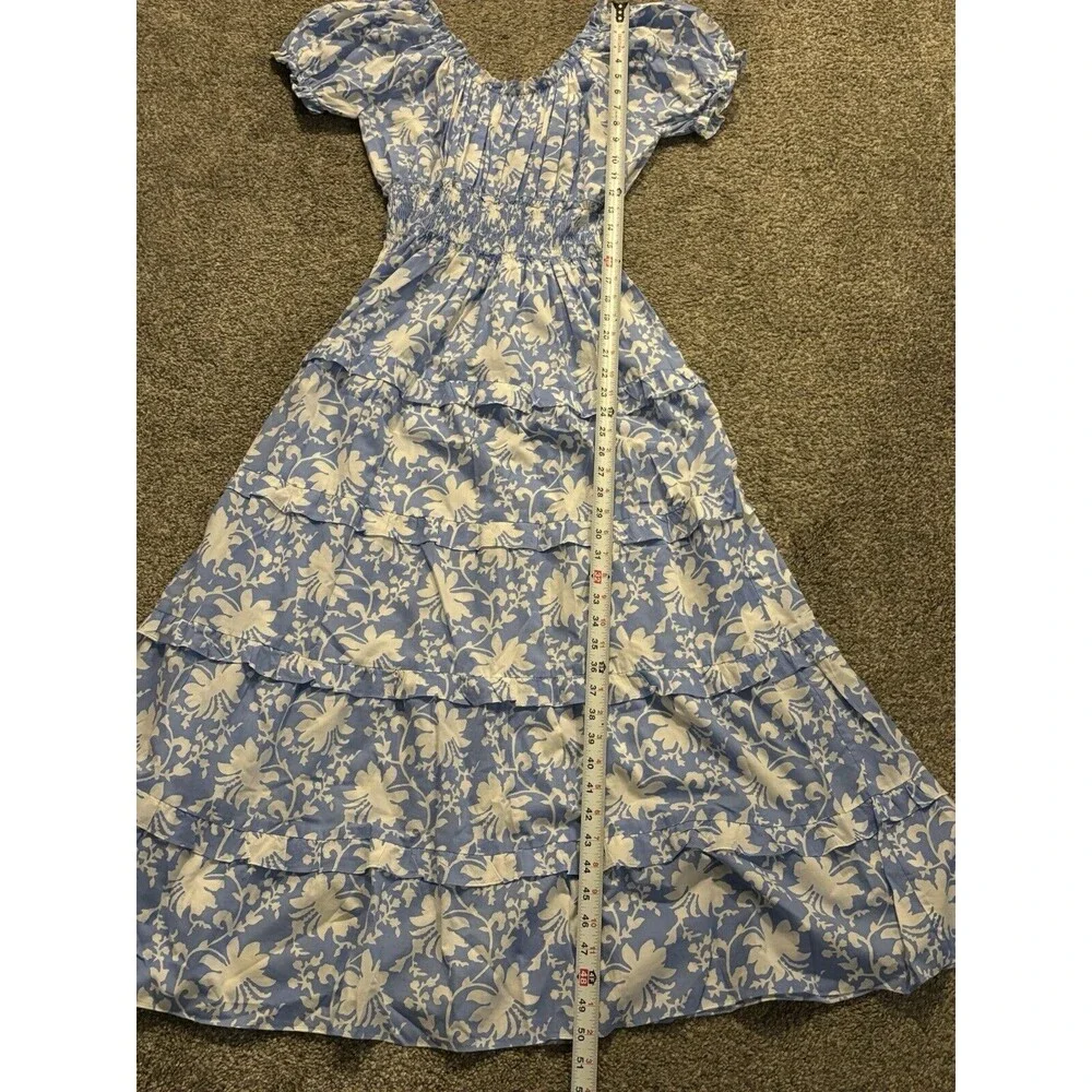 Pink City Prints Puff Sleeve Blue Floral Maxi Dress Smocked‎ Size Large